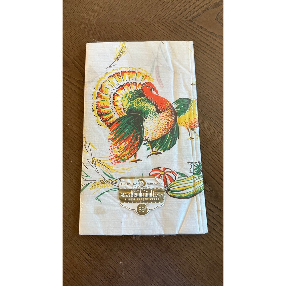 Vintage Reed Rembrandt Line Thanksgiving Turkey Paper Tablecloth 54x96 Crepe NOS